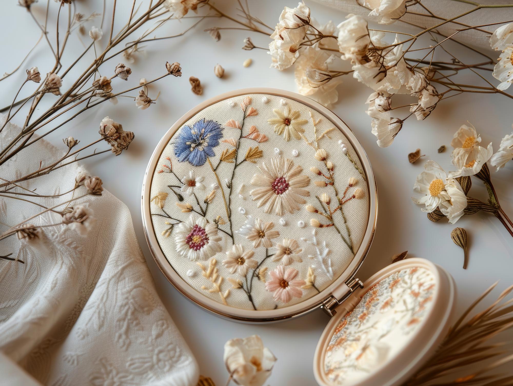 Close-up of calm embroidered floral hoop on linen